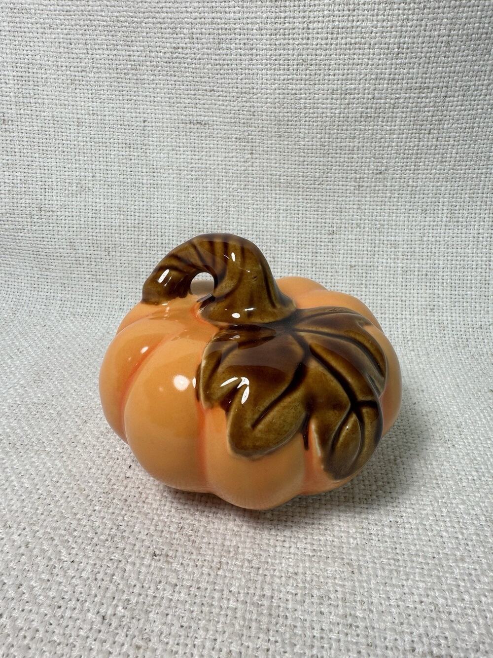 Vintage Ceramic Pumpkin Figurine Orange Brown Leaf Stem Fall Thanksgiving Decor